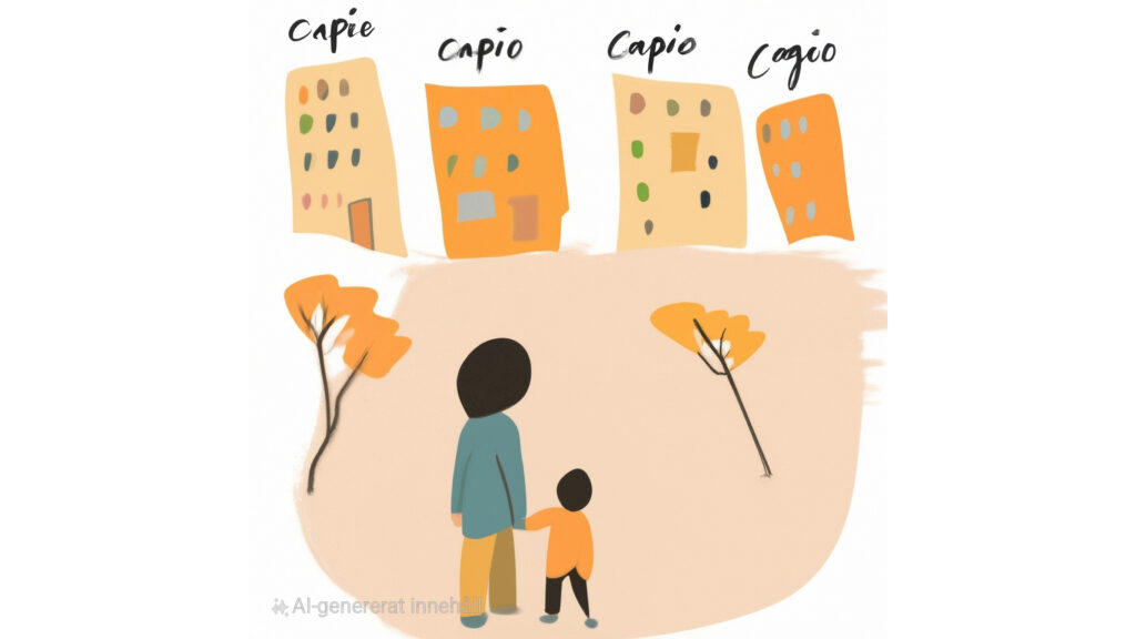 Illustration av en vuxen och ett barn som betraktar flera bostadshus där namnet 'Capio' står skrivet ovanför varje byggnad. En bild som symboliserar vårdbolags dominans i stadsbilden.