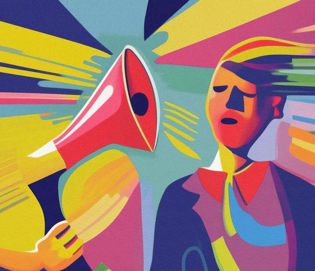 En färgstark, stiliserad illustration föreställande en person som håller en röd megafon och ropar mot en annan person. En bild som symboliserar debatt, argumentation och att göra sin röst hörd i vårdfrågor.